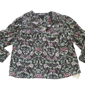 Lane Bryant Sz 24 Gray Pink Floral Peasant Blouse V Neck Shirt Top